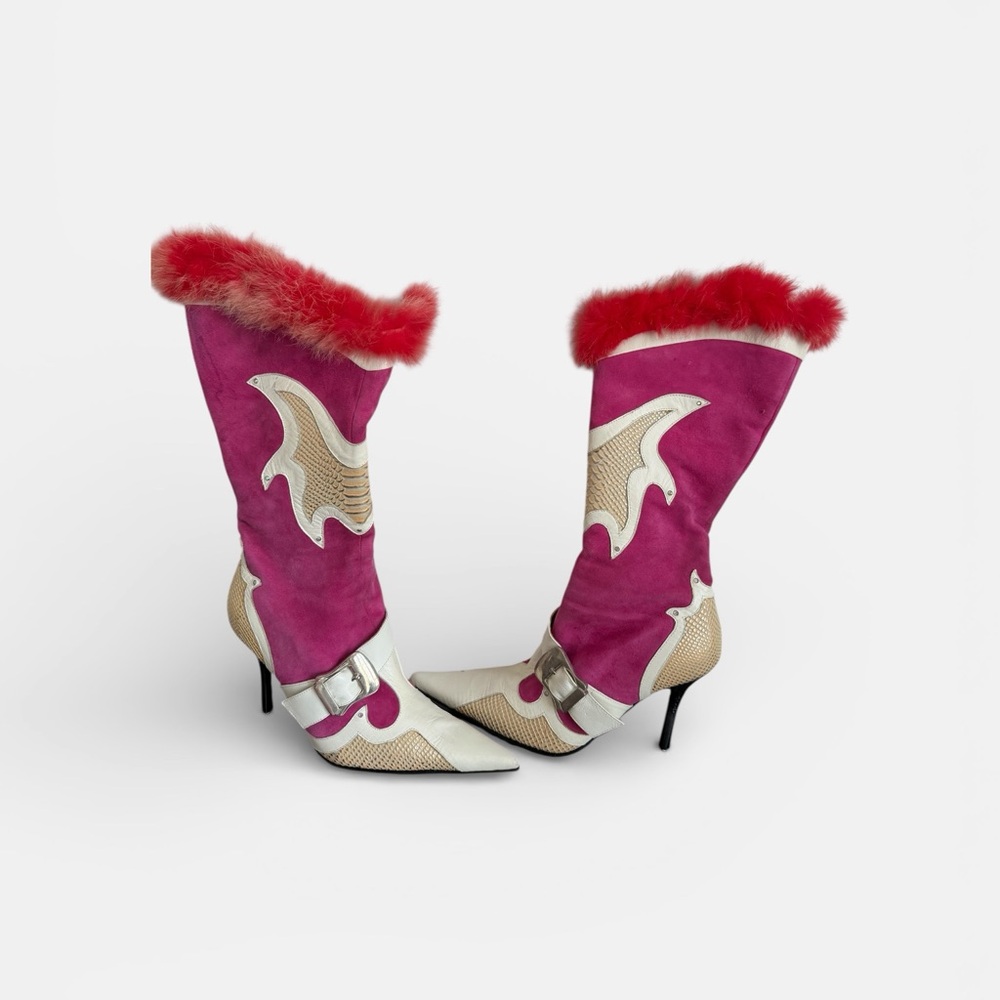 Elegant Pink and White Heeled Boots